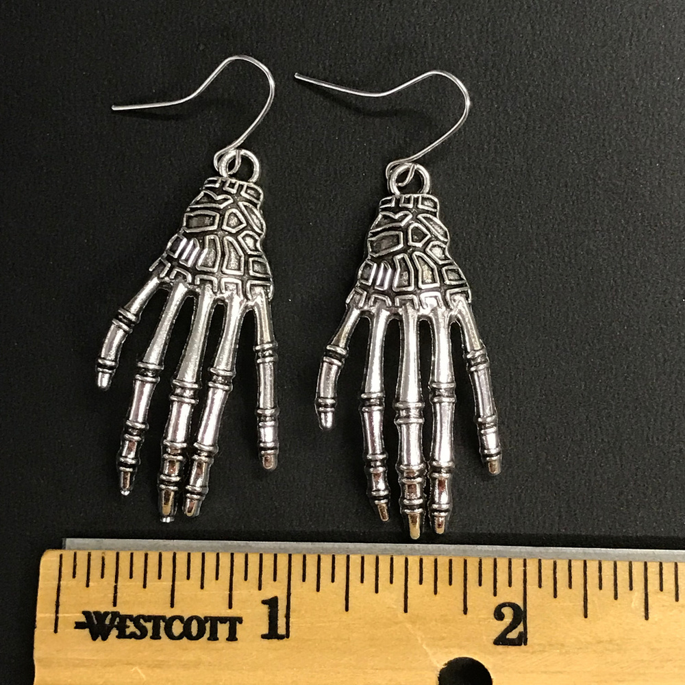 Skeleton Hands Silver Tone Dangle Earrings 025 - image 3